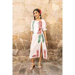 Robe maxi noire à épaules dénudées pour femmes Broderie florale multicolore Fente latérale Taille naturelle Lavable 100% coton Ethnique Boho - Product Image 4