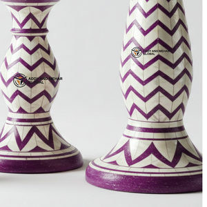 Proveedor Indio Ofrece Portavelas Cónicos de Lujo con Incrustaciones de Concha/MOP, Patrón Geométrico Chevron en Morado y Blanco - Product Image 5