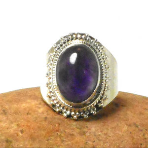 ชุด925อเมทิสต์แท้สีเงินสเตอร์ลิงแหวนหินฮิปปี้สีม่วงสไตล์โบฮีเมียนเครื่องประดับวงหินขนาดใหญ่ของผู้หญิงเครื่องประดับตัดรูปไข่ - Product Image 1