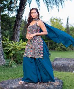 เสื้อปักลาย Chinon แฟนซีเสื้อใส่ทำงาน sharar กับ dupatta เทศกาลขายส่งราคาเสื้อพื้นเมืองสีเขียวนกเป็ดน้ำ - Product Image 2