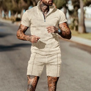 <b>Men's</b> Summer Beach Style Striped Breathable Zipper Suit <b>Short</b> Sleeve Set <b>Shorts</b> Beach Series Casual Design - Product Image 2