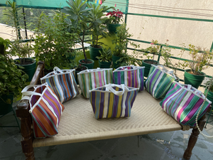 Customizable Women's Eco-Friendly Recycled Plastic Nylon Tote <b>Bags</b> Leather Handles Sustainable Striped Shopping <b>Bags</b> Open - Product Image 3