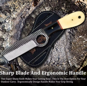 Cuchillo de Caza de Acero de Damasco Personalizado al por Mayor OEM, Cuchillo de Hoja Fija de Grado Industrial con Mango de Hueso y Funda de Cuero - Product Image 5