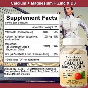 Suplemento Dietético de Alta Potencia con Calcio, Magnesio, Zinc + D3 + Manganeso y Cobre para Adultos - 120 Cápsulas para Huesos Fuertes - Product Image 3