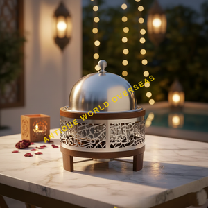 Luxury Stainless Steel Non-Stick Interior Hot Pot Insulated <b>Food</b> <b>Warmer</b> Table Polished Silver Calligraphy Band Gold Dome Lid - Product Image 6