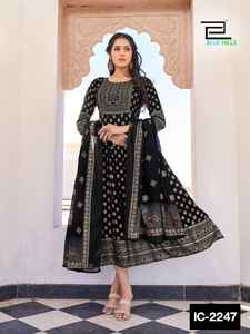 Rayón étnico indio Anarkali Kurtis Impreso Trabajo Algodón Mal Pom Border Dupatta Caja confeccionada Imprimir Indio paquistaní - Product Image 4