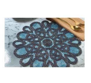 Vintage Style Embroidery Beaded Round <b>Blue</b> Solid Home <b>Placemat</b> Wedding Banquet Use Eco-Friendly Durable Table Top - Product Image 2
