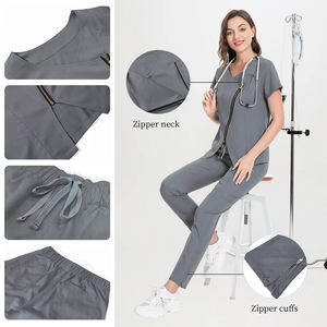 Nouvelle conception de tenue de médecin pour femmes, couleur grise, coupe ajustée, col zippé, vêtements de travail tendance, ensemble de blouses d'infirmière élégantes pour femmes - Product Image 4