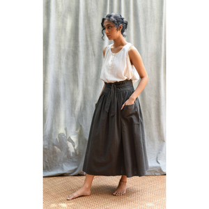 Adjustable Iron <b>Grey</b> Wrap <b>Skirt</b> Drawstring <b>Pleat</b> Details Linen Slubbed Texture Handmade Women's Natural Dye Logo Waist - Product Image 3