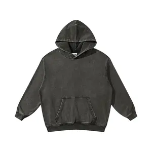 Ácido Wash Vintage 100% Algodão Angustiado Bordado Patch Cortado Pullover Sem Cordas Homens Raw Hem Cortar E Costurar Hoodie