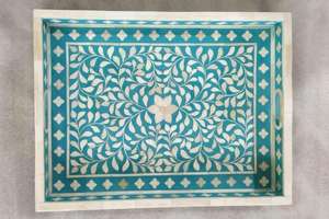 Plateau marocain artisanal en os incrusté, chocolat et beige, design personnalisé, multifonctionnel, bohème, pour Diwali, thé, fruits, bonbons - Product Image 3