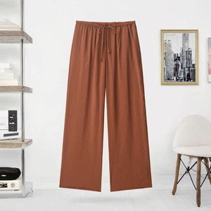 Breathable <b>Summer</b> Mid Waist Drawstring Flat Front Woven Casual Fashion Brown Full Length Long Pants <b>Trousers</b> for <b>Women</b> OEM - Product Image 5