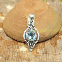 Pendentif ovale en argent sterling 925 avec topaze bleue, filigrane fait main |   Charme de bijoux en pierre précieuse naturelle avec bordure en corde vintage pour femmes
