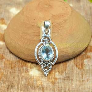 Colgante de filigrana hecho a mano con topacio azul ovalado en plata de ley 925 |   Amuleto de joyería con piedra preciosa natural y bisel de cuerda vintage para mujer - Product Image 6