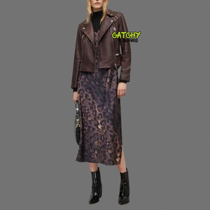 แจ็กเก็ตหนังแพะสไตล์นักขี่จักรยานสำหรับผู้หญิงทันสมัยแจ็คเก็ตผ้าฝ้ายทรงพอดีตัวปกติมีซิปด้านหน้าโลหะลายพรางประดับเพชรแบบลำลอง - Product Image 4