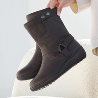 [JSHOE] Bottes mi-mollet compensées en cuir de chèvre véritable faites à la main pour femme, fermeture à bouton, doublure polaire chaude, confortables pour l'automne/hiver