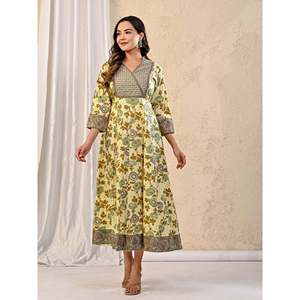 Vestido Largo de Algodón Gris Crema con Estampado Floral, Silueta Recta y Cintura Natural - Product Image 4