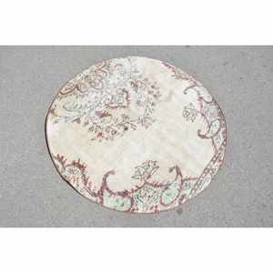 Vintage Turkish Rug Beige Red 3.9 X 3.9ft Large Area Woolen Patchwork Design for Hallway Bedroom Rectangular Shape Latex Backing - Product Image 4