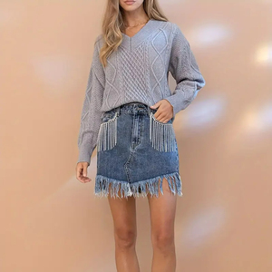 Jupe d'été pour femmes Mini A-line Bodycon Denim avec Rhinestones Tassel Effilayed Hem Sexy Lady Skinny Short Skirts - Product Image 4