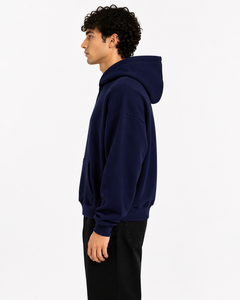 Sweat à capuche AURA surdimensionné fabriqué en Italie ODM pour hommes, tissu super confortable 350g, pour l'hiver, la maison et la rue, bleu marine avec détail poche - Product Image 3