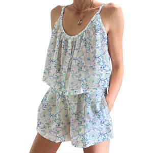 Conjunto de Pijama Corto de Algodón con Estampado Floral para Mujer, Ropa de Dormir Informal de Primavera/Verano, Ajustado, con Tirantes, sin Mangas - Product Image 1