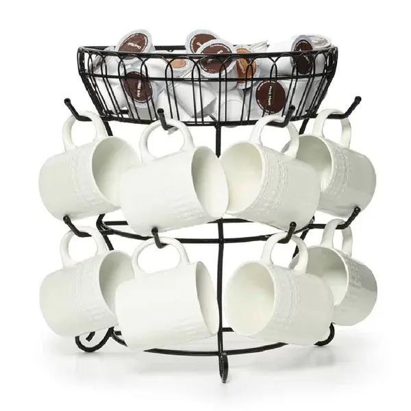 Modern Coffee Mug Tree With Storage Basket Rack With Hooks For Kitchen Organizer And Storage Mug And Cup Display Hanger Stand