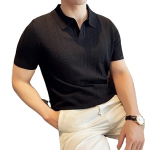 Polo pour homme tendance 2025, tricot rayé, manches courtes, t-shirt à col en V, couleur unie, haut élastique - Product Image 6