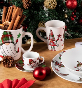 Durable Porcelain Set 6-pcs Round Espresso Coffee Cups with Saucers 9 cl (3 fl oz) Christmas Gnome Design Tartan Gnome Excelsa - Product Image 5