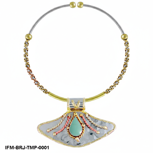 Collier pendentif éventail en tri-métal artisanal, bijoux bohème en métaux mixtes avec incrustation de turquoise et détails en fil torsadé - Product Image 4