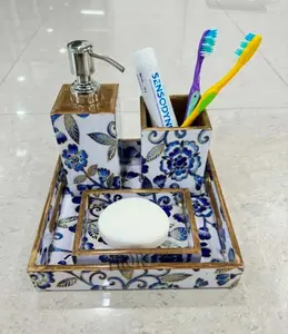 手工中密度纤维板浴室配件套装浴室装饰液体皂液分配器肥皂托盘牙刷架蓝色带白色