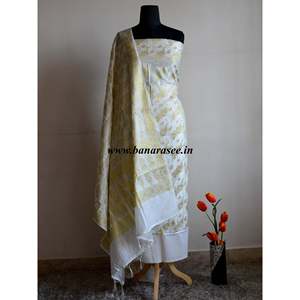 Banarasee/Banarasi Salwar Kameez ผ้าคอตตอนผ้าไหมสีทองลายใบไม้ zari Buti-สีขาว - Product Image 4