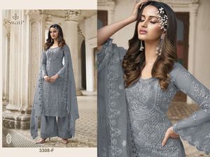 Vêtements de fête de mariage de qualité supérieure, filet lourd brodé et codage, vente en gros Salwar Kameez de Surat - Product Image 5