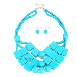 3-Layered <b>Turquoise</b> Wood <b>Beads</b> Choker Necklace with Matching Earrings Handmade Boho Statement Jewelry Set for Women - Product Image 6