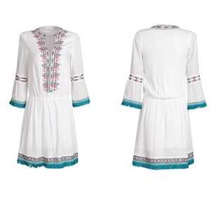 Robe courte d'été pour femme style bohème, col en V, broderie florale, coton tissé, taille naturelle - Product Image 3