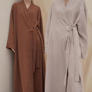 Broke Brand <b>Linen</b> Cotton Abaya Brown Basic Daily Wear with Elastic Sleeves Maxi Length <b>Plus</b> <b>Size</b> Flared Hem - Product Image 1