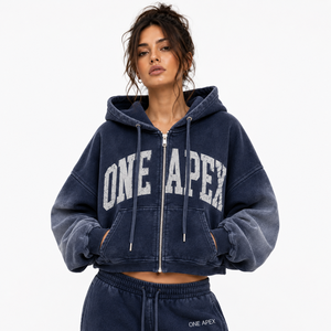 Conjunto de Sudadera con Capucha Corta y Cremallera Oversize y Pantalones Jogger para Mujer ONE APEX, Chándal de Algodón Premium Grueso Forrado y Transpirable con Efecto Lavado - Product Image 4