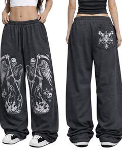 Pantalons de survêtement à jambes larges personnalisés avec imprimé de crâne de la Mort en gris anthracite, streetwear surdimensionné pour femmes, pantalon en molleton OEM personnalisé - Product Image 6