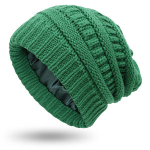 2025 estilo al por mayor Cable Knit Slouchy Beanie para mujer invierno cálido forro de seda Skull Cap característica común de tela - Product Image 2