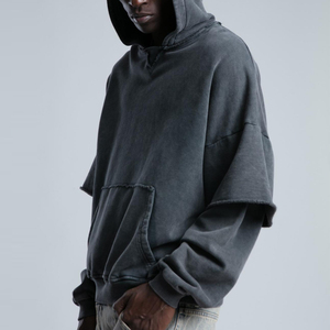 Sudadera con capucha de doble manga desgastada con bordado personalizado, la más vendida, al por mayor, de peso pesado, con lavado ácido para hombre - Product Image 2