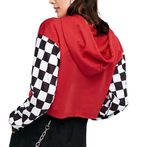 Sudadera roja recortada personalizada de moda con mangas a cuadros Jersey Streetwear con capucha con cordón - Product Image 5