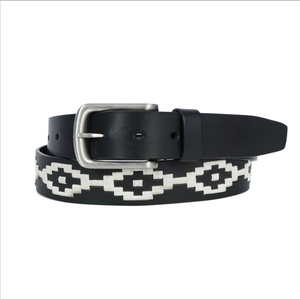 Cinturón de polo de cuero negro personalizable con bordado a mano blanco Hebilla de plata duradera Accesorio deportivo exclusivo de larga duración - Product Image 1