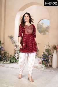 New Designer Women Wear Rayon <b>Kurtis</b> with Rayon Dhoti with Foil Print Work and Plus Size Available for Casual Wear <b>Kurtis</b> - Product Image 2