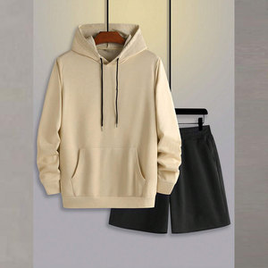 Men's Unisex Plus Size Solid Winter Casual Hooded Fleece Heavyweight 100% Cotton Two-Piece Hoodie & <b>Short</b> Sweatpants Set - Product Image 3