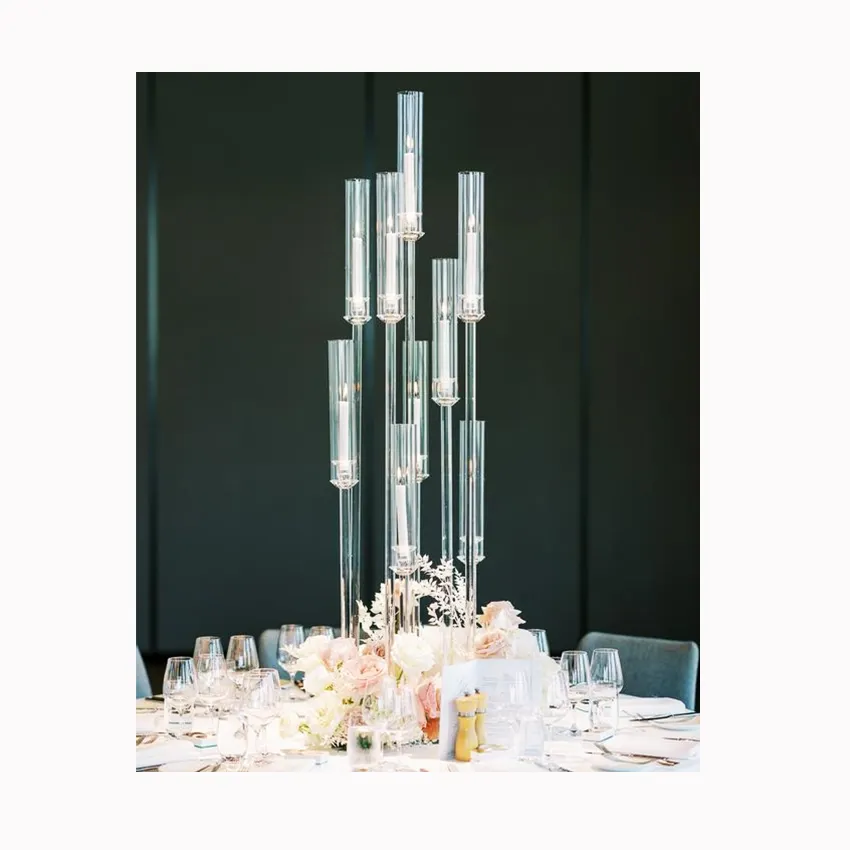 Centro de mesa Mariage, 10 brazos, racimo de cristal transparente, candelabros redondos, portavelas con base de espejo