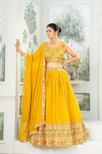 Haldi & Sangeet spécial couleur jaune vif fil et broderie travail mariée spécial poids léger à la mode Lehenga ensembles en gros - Product Image 3