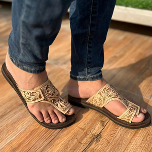 Western Style Real Handmade Genuine Tooled Leather Women Casual Comfort Flipflops Flat Flower Footwear <b>Open</b> Brown <b>Toe</b> Sandals - Product Image 4