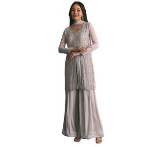 Gris Chinon Cutdana Lentejuelas Bordado Kurta Palazzo Traje Venta al por mayor Mujeres Ropa étnica OEM Ropa Proveedor de fábrica Moda - Product Image 1