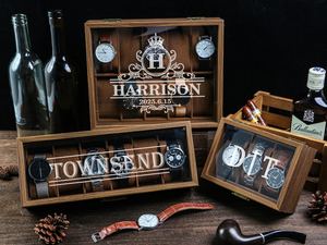 Wooden <b>Watch</b> Box For Men With 3 6 Or 10 Slots Personalized Lid Display <b>Case</b> Unique 5th Anniversary Birthday Or - Product Image 5