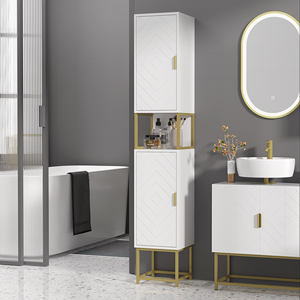 kleankin Bathroom Column with 2 Cabinets and <b>Shelf</b> in MDF and Steel, 30x30x170.7cm, White and <b>Gold</b> - Product Image 2