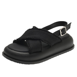 Women'S Classic Casual Vacation Style Blue Denim Fringed Thick Sole Soft Sole Sandals and Slippers Casual Comfy X-Strap Shoes - Product Image 3